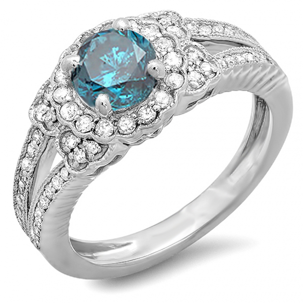 1.30 Carat (ctw) 10k White Gold Round Blue And White Diamond Ladies Vintage Split Shank Halo Bridal Engagement Ring