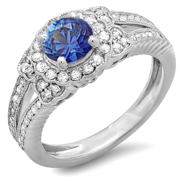 1.30 Carat (ctw) 14k White Gold Round Blue Sapphire And White Diamond Ladies Split Shank Halo Vintage Bridal Engagement Ring
