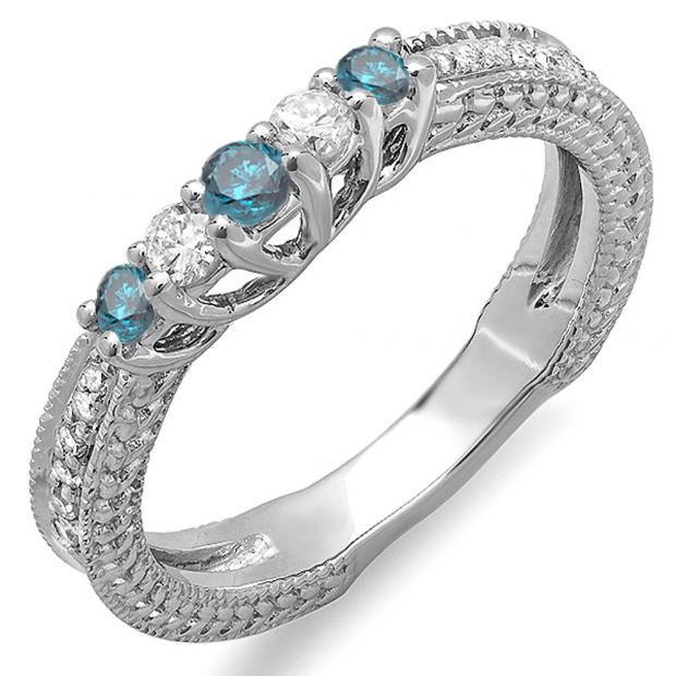 0.45 Carat (ctw) 14k White Gold Round Blue And White Diamond Ladies Anniversary Wedding Band Guard Enhancer Ring