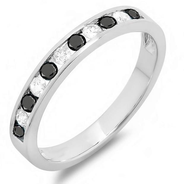 0.50 Carat (ctw) 10k White Gold Round White & Black Diamond Ladies Anniversary Wedding Stackable Ring Band