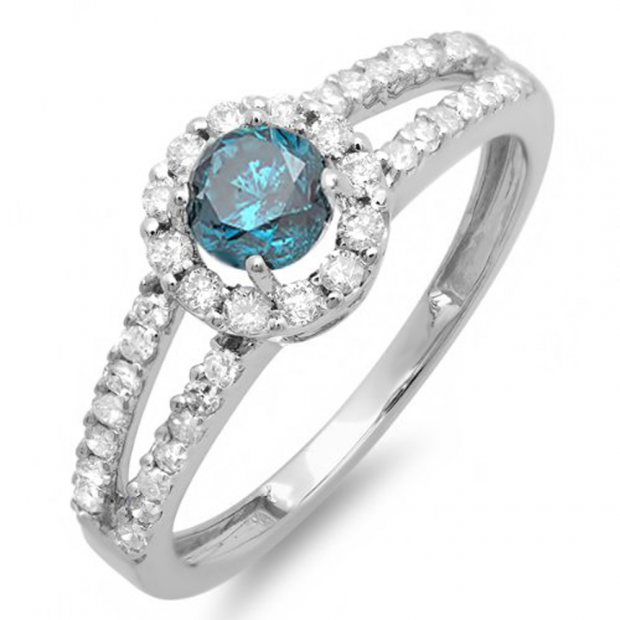 1.15 Carat (ctw) 14k Gold Round Blue and White Diamond Ladies Engagement Halo Style Bridal Ring