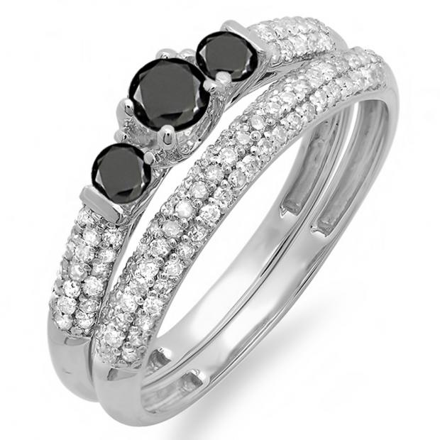 0.85 Carat (ctw) 10k White Gold Round Black And White Diamond 3 Stone Ladies Bridal Engagement Ring Wedding Band Set