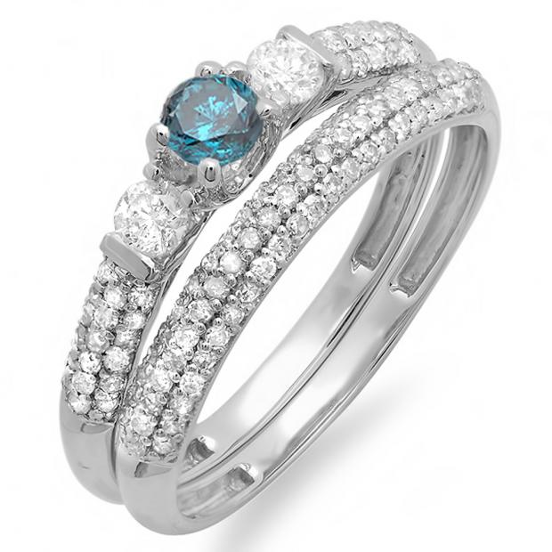 0.85 Carat (ctw) 10k White Gold Round Blue And White Diamond 3 Stone Ladies Bridal Engagement Ring Wedding Band Set