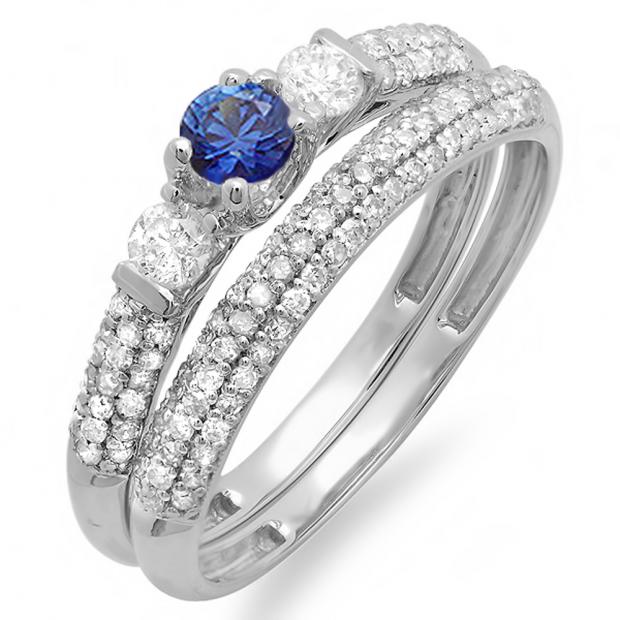 0.85 Carat (ctw) 14k White Gold Round Blue Sapphire And White Diamond 3 Stone Ladies Bridal Engagement Ring Wedding Band Set