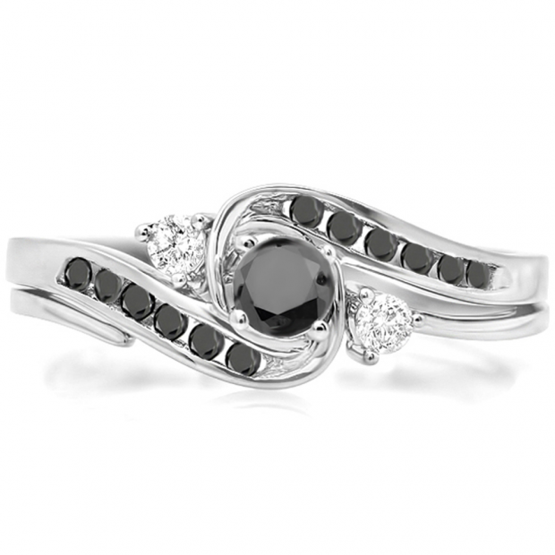 0.50 Carat (ctw) 10k White Gold Round Black And White Diamond Ladies Swirl Bridal Engagement Ring Matching Band Set