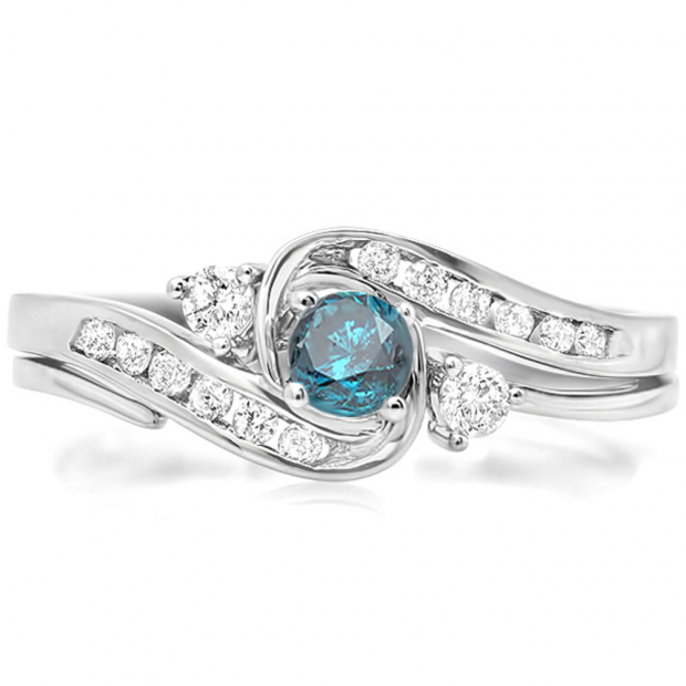 0.50 Carat (ctw) 10k White Gold Round Blue And White Diamond Ladies Swirl Bridal Engagement Ring Matching Band Set