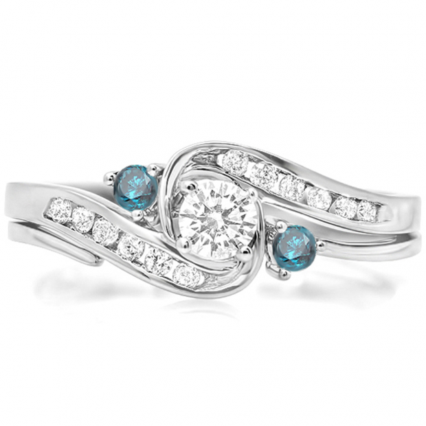 0.50 Carat (ctw) 10k White Gold Round Blue And White Diamond Ladies Swirl Bridal Engagement Ring Matching Band Set