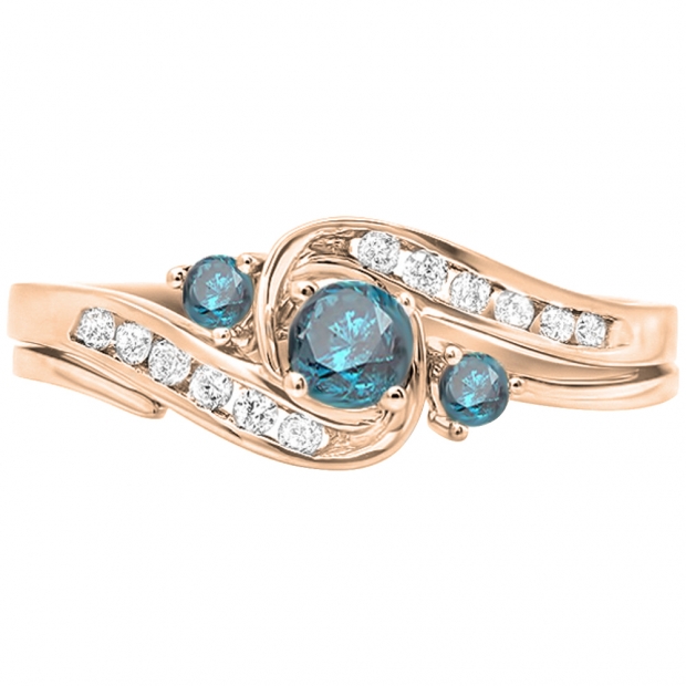 0.50 Carat (ctw) 10k Rose Gold Round Blue And White Diamond Ladies Swirl Bridal Engagement Ring Matching Band Set