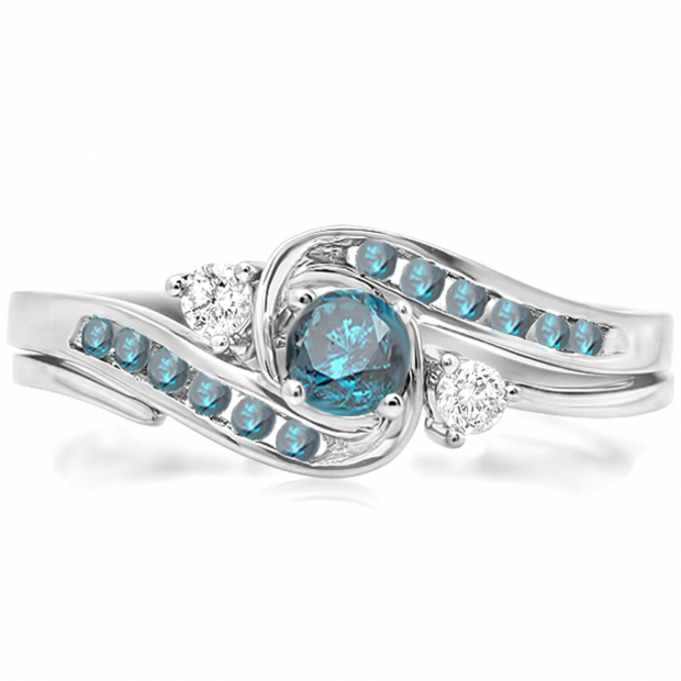 0.50 Carat (ctw) 14k White Gold Round Blue And White Diamond Ladies Swirl Bridal Engagement Ring Matching Band Set
