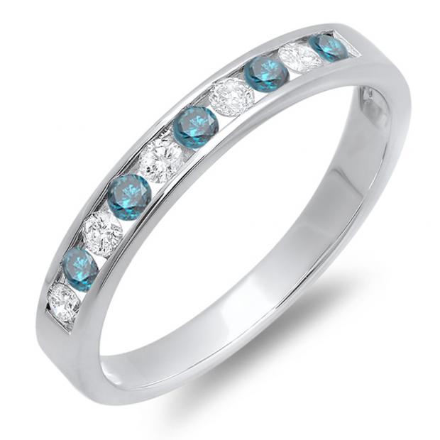 0.40 Carat (ctw) 14k White Gold Round Blue And White Diamond Ladies Anniversary Wedding Stackable Ring Band
