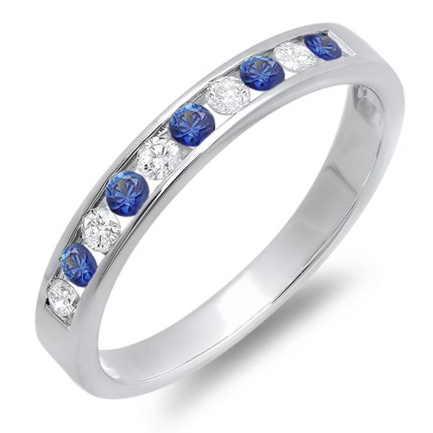 0.40 Carat (ctw) 14k White Gold Round Blue Sapphire And White Diamond Ladies Anniversary Wedding Stackable Ring Band