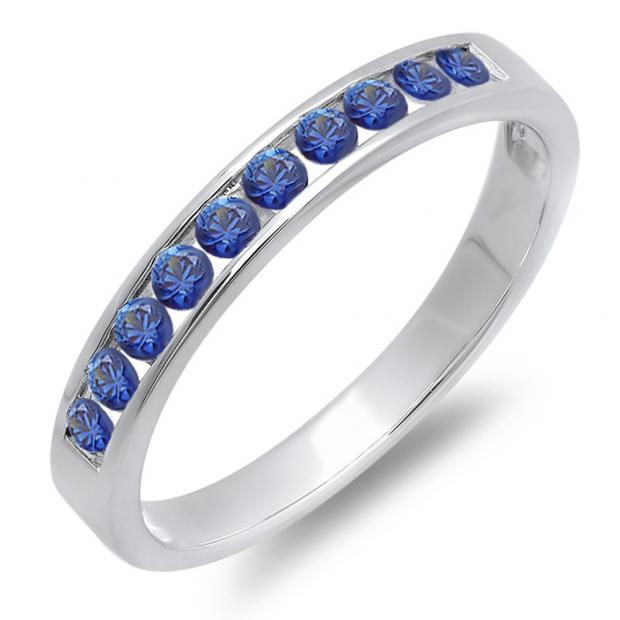 0.40 Carat (ctw) 14K White Gold Round Blue Sapphires Ladies Anniversary Wedding Stackable Ring Band