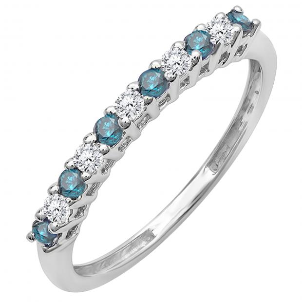0.33 Carat (ctw) 10K White Gold Round White & Blue Diamond Anniversary Stackable Wedding Band 1/3 CT