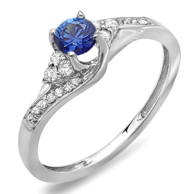 0.38 Carat (ctw) 10k White Gold Round White Diamond And Blue Sapphire Ladies Swirl Bridal Engagement Ring