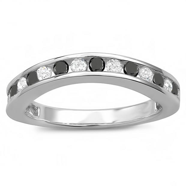 0.75 Carat (ctw) 14k White Gold Round White And Black Diamond Ladies Curved Guard Matching Bridal Wedding Band