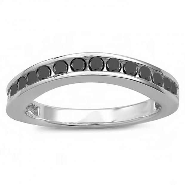 0.75 Carat (ctw) 14k White Gold Round Black Diamond Ladies Curved Guard Matching Bridal Wedding Band
