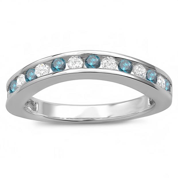 0.75 Carat (ctw) 14k White Gold Round White And Blue Diamond Ladies Curved Guard Matching Bridal Wedding Band