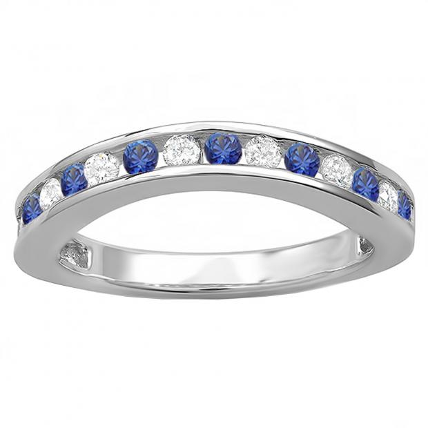 0.75 Carat (ctw) 10k White Gold Round White Diamond And Blue Sapphire Ladies Curved Guard Matching Bridal Wedding Band