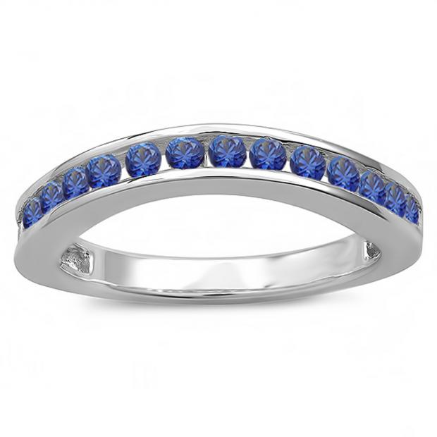 0.75 Carat (ctw) 10k White Gold Round Blue Sapphire Ladies Curved Guard Matching Bridal Wedding Band