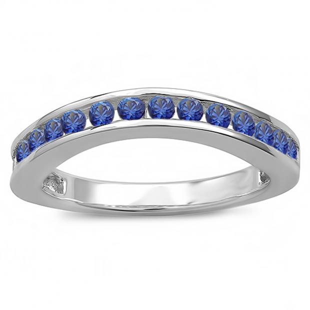 0.75 Carat (ctw) 14k White Gold Round Blue Sapphire Ladies Curved Guard Matching Bridal Wedding Band