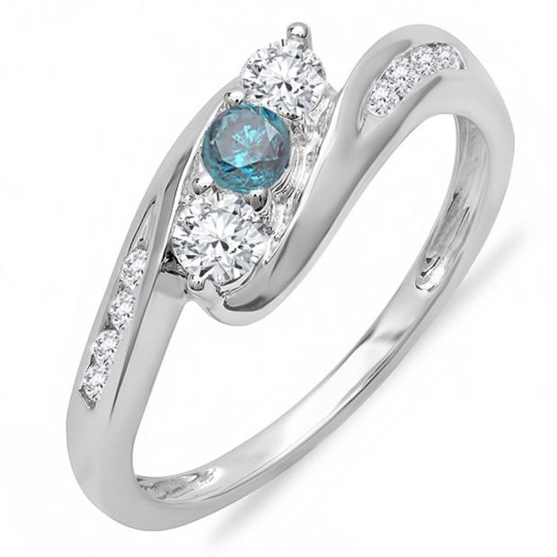 0.50 Carat (ctw) 10k White Gold Round White And Blue Diamond Ladies Swirl Engagement 3 Stone Bridal Ring 1/2 CT