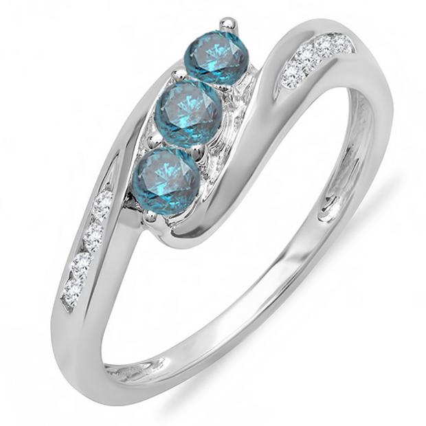 0.50 Carat (ctw) 14k White Gold Round White And Blue Diamond Ladies Swirl Engagement 3 Stone Bridal Ring 1/2 CT