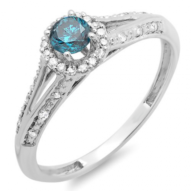 0.40 Carat (ctw) 14k White Gold Round Blue And White Diamond Ladies Engagement Halo Style Split Shank Bridal Ring