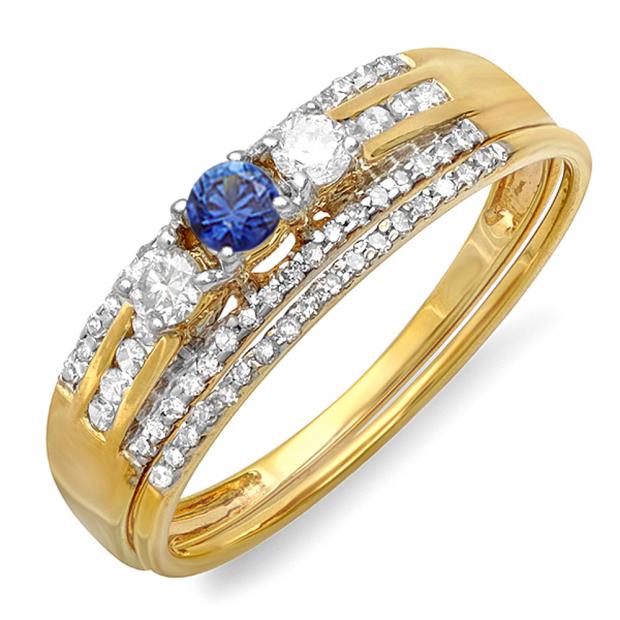 0.40 Carat (ctw) 14k Yellow Gold Round Blue Sapphire And White Diamond Ladies 3 Stone Bridal Ring Engagement Set