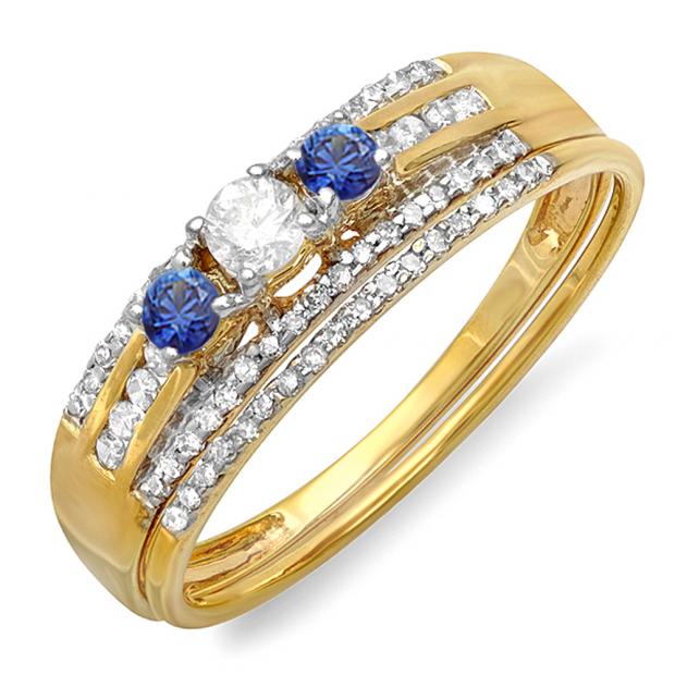 0.40 Carat (ctw) 10k Yellow Gold Round Blue Sapphire And White Diamond Ladies 3 Stone Bridal Ring Engagement Set