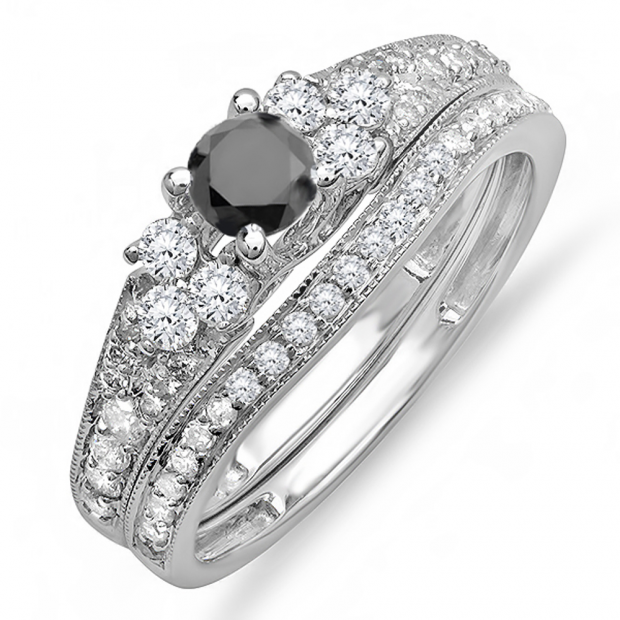 1.00 Carat (ctw) 14k White Gold Round Black And White Diamond Ladies Bridal Engagement Ring Matching Band Set