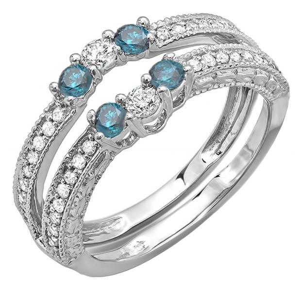 0.60 Carat (ctw) 14k White Gold Round Blue And White Diamond Ladies Anniversary Wedding Band Enhancer Guard