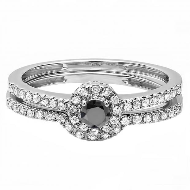 0.45 Carat (ctw) 14k White Gold Round Black And White Diamond Ladies Halo Style Bridal Engagement Ring Matching Band Set