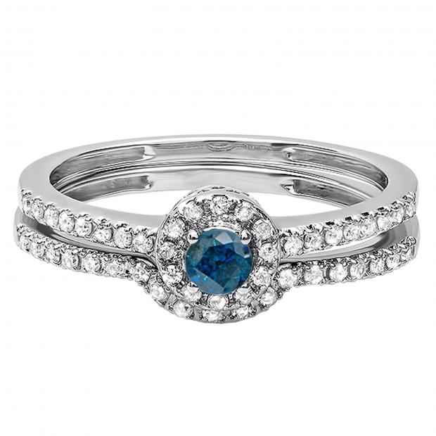 0.45 Carat (ctw) 14k White Gold Round Blue And White Diamond Ladies Halo Style Bridal Engagement Ring Matching Band Set