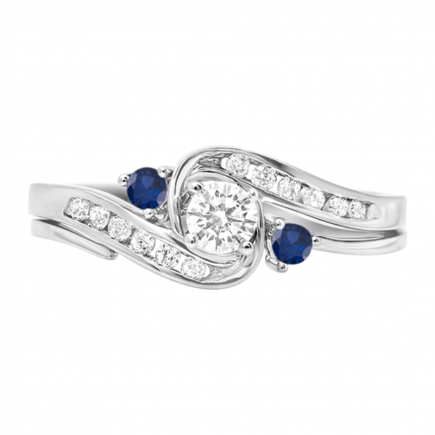 0.50 Carat (Ctw) Round Blue Sapphire & White Diamond Swirl Bridal Engagement Ring Matching Band Set in 10K White Gold