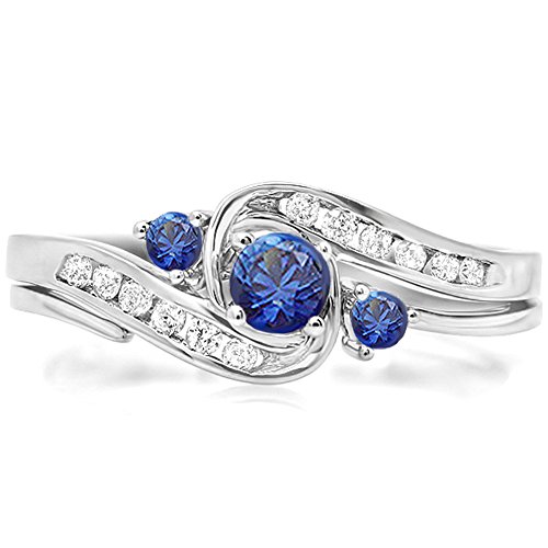 0.50 Carat (ctw) 14k White Gold Round Blue Sapphire And White Diamond Ladies Swirl Bridal Engagement Ring Matching Band Set