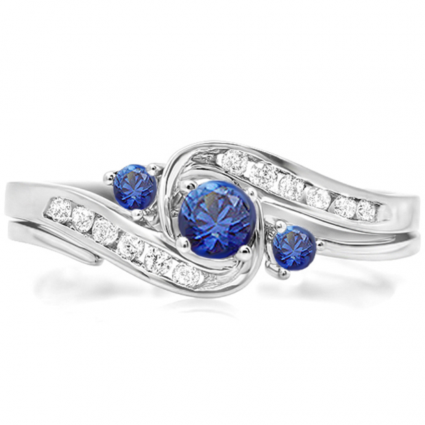 0.50 Carat (ctw) 10k White Gold Round Blue Sapphire And White Diamond Ladies Swirl Bridal Engagement Ring Matching Band Set