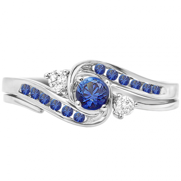 0.50 Carat (ctw) 10k White Gold Round Blue Sapphire And White Diamond Ladies Swirl Bridal Engagement Ring Matching Band Set