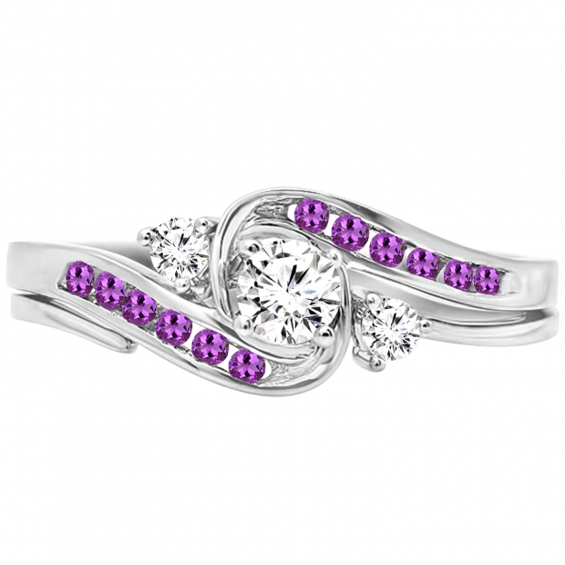 0.50 Carat (ctw) 14k White Gold Round Amethyst And White Diamond Ladies Swirl Bridal Engagement Ring Matching Band Set