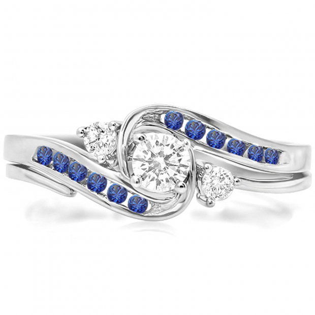 0.50 Carat (ctw) 10k White Gold Round Blue Sapphire And White Diamond Ladies Swirl Bridal Engagement Ring Matching Band Set