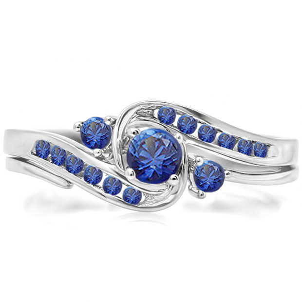 0.50 Carat (ctw) 10k White Gold Round Blue Sapphire Ladies Swirl Bridal Engagement Ring Matching Band Set