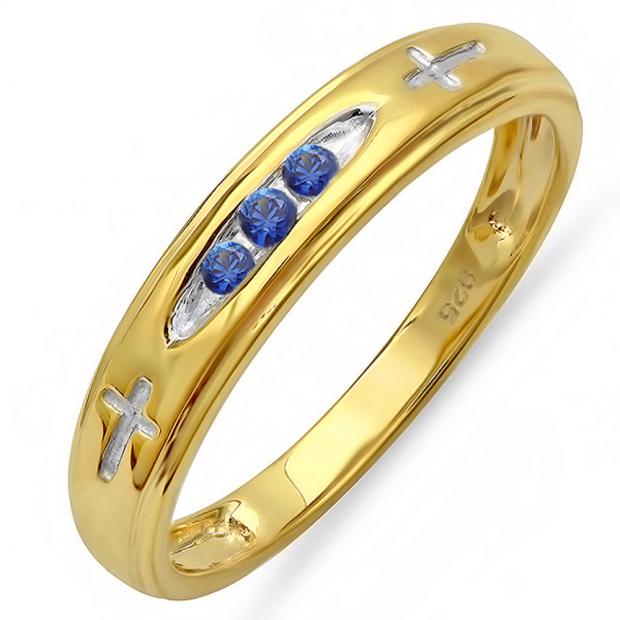 0.15 Carat (ctw) 18K Yellow Gold Plated Sterling Silver 3 Stone Round Blue Sapphire Cross Design Men