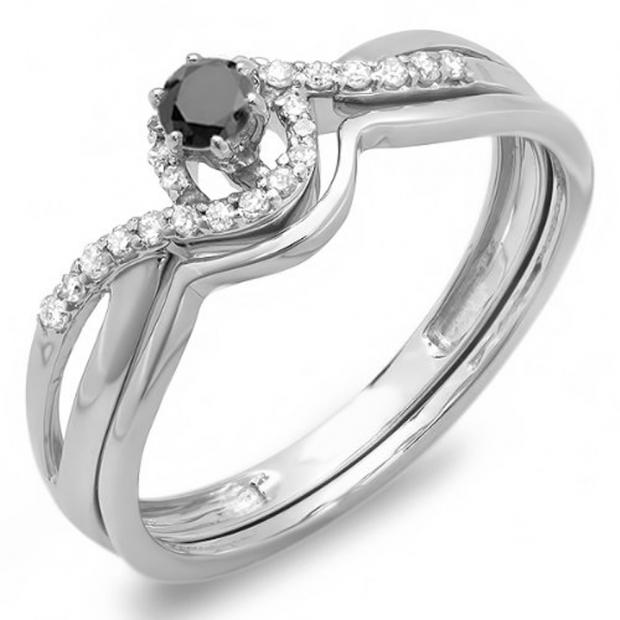 0.25 Carat (ctw) 10k White Gold Round Black And White Diamond Ladies Swirl Crossover Bridal Engagement Ring Matching Band Set 1/4 CT