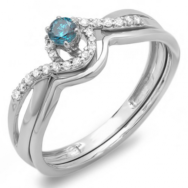 0.25 Carat (ctw) 10k White Gold Round Blue And White Diamond Ladies Swirl Crossover Bridal Engagement Ring Matching Band Set 1/4 CT