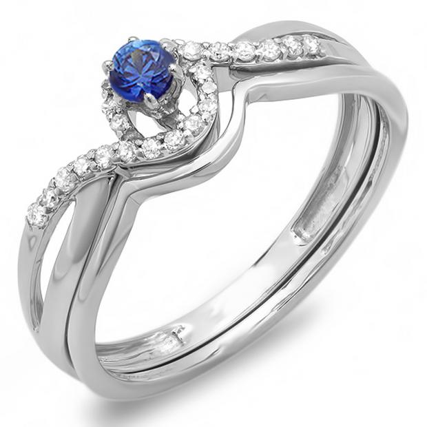 0.25 Carat (ctw) 10k White Gold Round Blue Sapphire And White Diamond Ladies Swirl Crossover Bridal Engagement Ring Matching Band Set 1/4 CT
