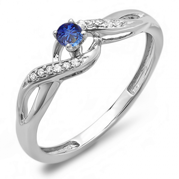 0.20 Carat (ctw) 10k White Gold Round Blue Sapphire And White Diamond Crossover Swirl Ladies Bridal Promise Engagement Ring 1/5 CT