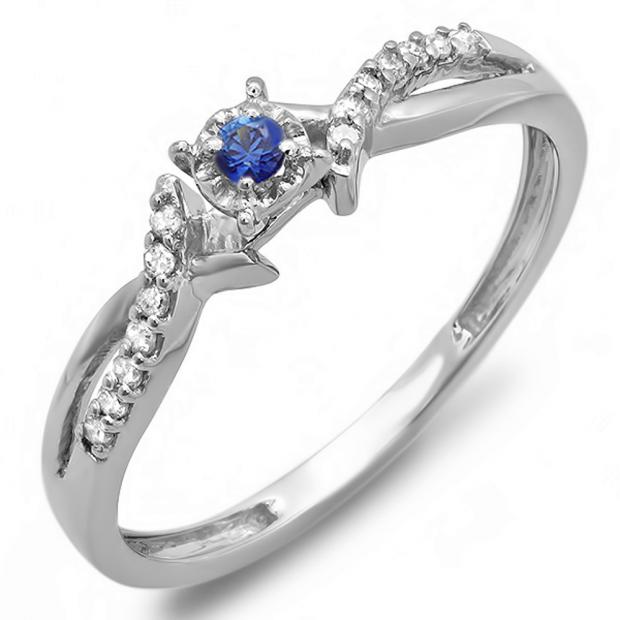 0.15 Carat (ctw) 10k White Gold Round Blue Sapphire And White Diamond Crossover Split Shank Ladies Bridal Promise Engagement Ring 1/6 CT