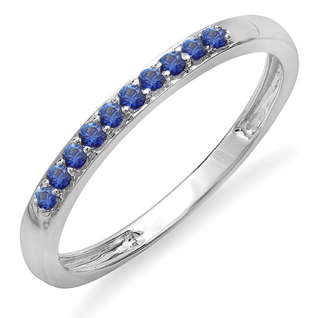 0.15 Carat (ctw) 10k White Gold Round Blue Sapphire Ladies Anniversary Wedding Matching Band Stackable Ring