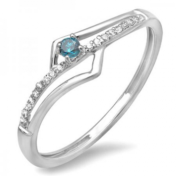 0.10 Carat (ctw) 10k White Gold Round Blue And White Diamond Wave Ladies Bridal Promise Engagement Ring 1/5 CT