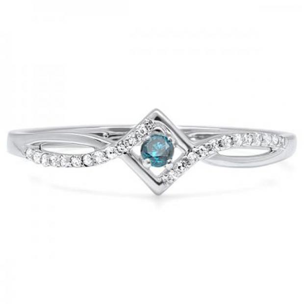 0.15 Carat (ctw) 10k White Gold Round Blue And White Diamond Ladies Promise Engagement Ring