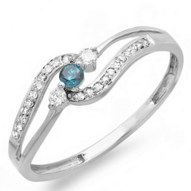 0.20 Carat (ctw) 14k White Gold Round Blue And White Diamond Ladies 3 stone Engagement Promise Ring 1/5 CT